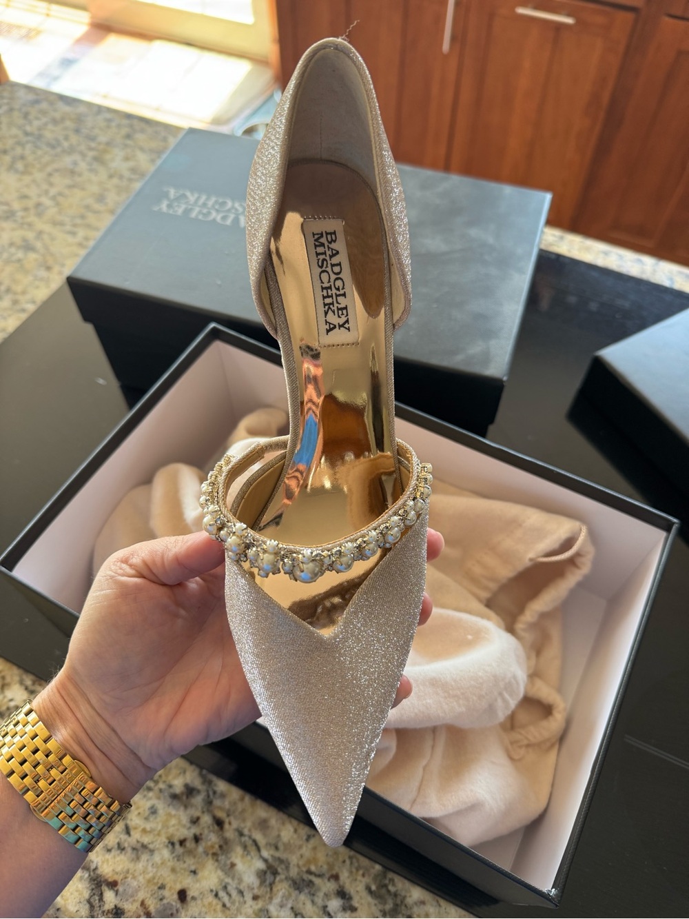 New Badgley Mischka Champagne Glitter Pointed-Toe Heels with Pearl Strap - Picture 2 of 5